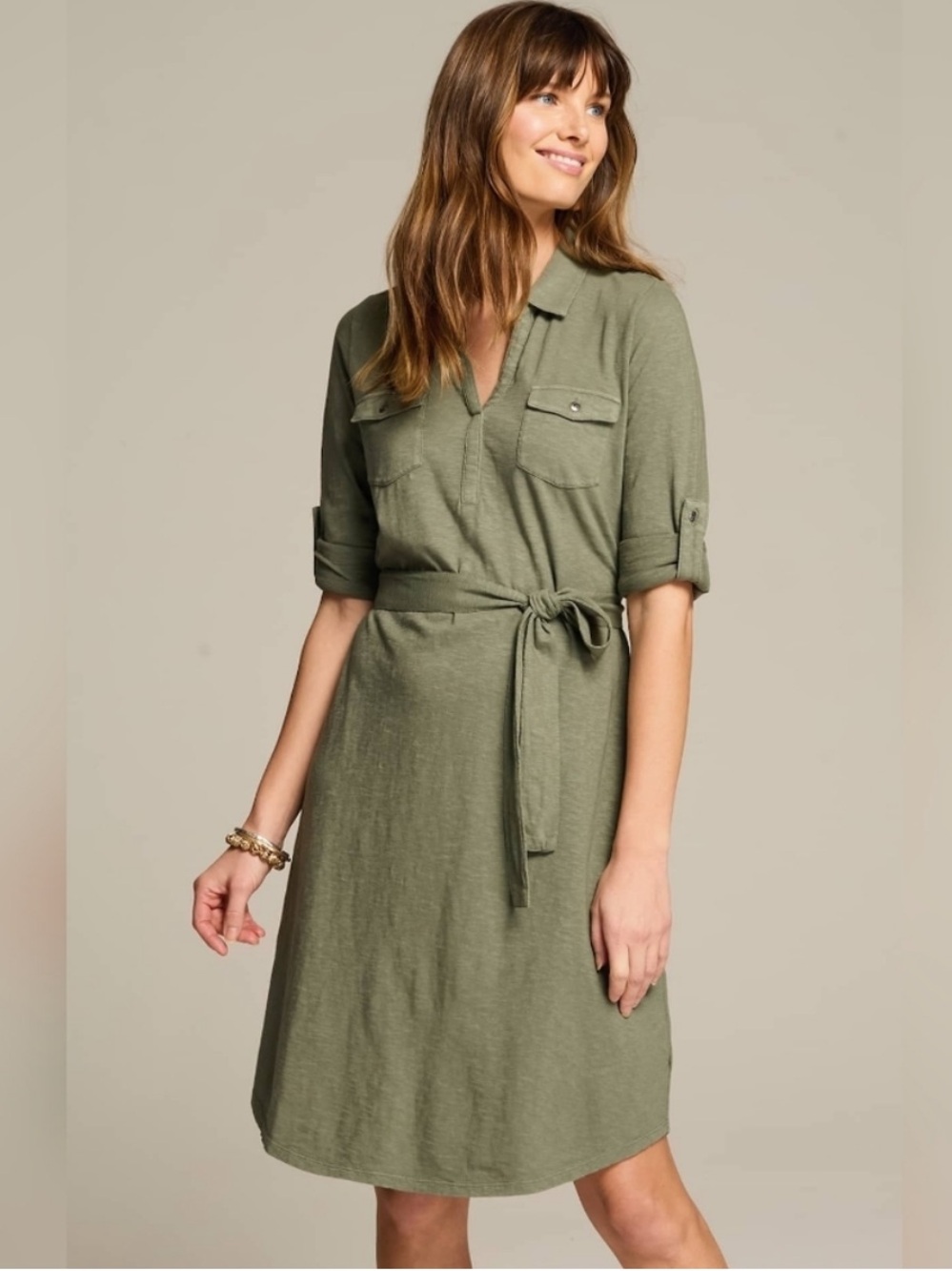 J. Jill Cotton V Neck Popover Belted Shirt Dress Tall